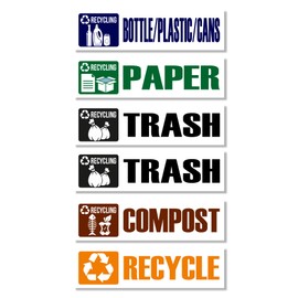 GamesMonkey® - Stickers Recycle for Trash Waste Bins Garbage Plastic Cans Compost Glass Metal Paper - Pack of 6 Adhesive - Vinyl Waterproof Washable Illustrated (7,8 in x 2,3 in - 20 cm x 6 cm, V3)