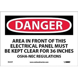 NMC D225P OSHA Sign, "DANGER AREA IN FRONT OF THIS ELECTRICAL PANEL MUST KEPT CLEAR FOR 36 INCHES OSHA-NEC REGULATIONS", 10" Width x 7" Height, Pressure Sensitive Vinyl, Black/Red On White