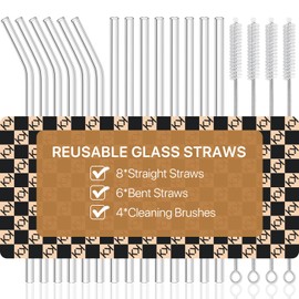 18-Pack Glass Straws, Reusable Clear Glass Drinking Straws Set, 8.5 Inch x 10mm - Includes 8 Straight and 6 Bent with 4 Straw Cleaner Brush, Perfect for Smoothies, Milkshakes, Juice, Tea