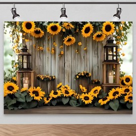 Fall Sunflower Grey Rustic Wood Wall Backdrop Vintage Lantern Eucalyptus Garden Background Thanksgiving Indoor Portrait Photo Booth Banner for Baby 1st Birthday Afternoon Tea Family Decor (B, 7X5FT)