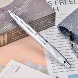 Jinhao 10 Series Press Fountain Pen Brushed Matte Chrome Retractable Fine Nib with Ink Converter and Metal Pen Box (Clip Version)