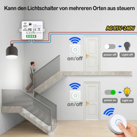 Tedeligo Wireless Light Switch Set, Mobile Self-Generating Wireless Switch 230 V RF Relay Receiver, Wireless Switch Light, 100 m Control Distance, 2000 W Controlled Devices (2 Switches and 1 Receiver)