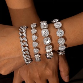 ALEXCRAFT Silver Tennis Bracelet Set 4pcs Classic Cuban Link Heart/Round/Square Full CZ Prong Diamond Bracelet for Women Men Fashion Jewelry(8")