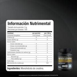 EVOLUTION, Creatina Monohidratada, 100 Porciones, 500g, Sin Sabor, Pure Creatine, Alta Pureza, Sin Gluten, Sugar Free, Pre Workout, Suplemento Aliment