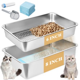 23.6''x15.7''x8'' Stainless Steel Sifting Litter Box, XXL Large Metal Sifting Cat Litter Box for Pine Pellets, Litter Pan Tray System for Indoor Cats with Scoop and Pee Pad, Easy to Clean(8 Inch)