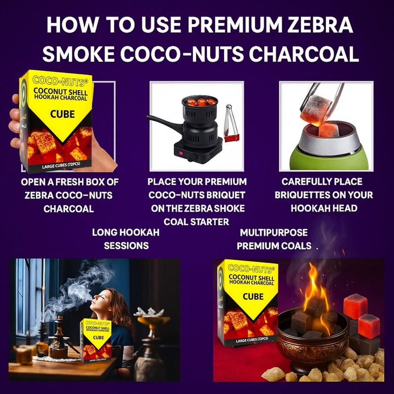 Zebra Smoke Coconuts Charcoal with 72pc Unit Charcoal Cubes, Coconut