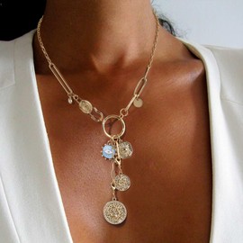 Flyonce Gold Charm Necklace for Women Boho Pendant, Dainty Gold Coin Moon Star Evil Eye Lucky Charm Trendy Vintage Paperclip Chain Chunky Necklace Jewelry Gifts