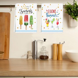 Summer Love Kitchen Towels Dish Towels Set of 2, Ice Cream Cone Hand Towels 16x24 Inch Drying Dishcloth,Farmhouse Home Seasonal Holiday Summer Decoration