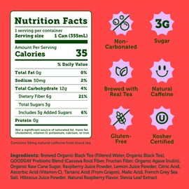 HALFDAY Prebiotic Raspberry Iced Tea Cans, Supports Digestive & Gut Health, 6g Plant Fiber & Prebiotics, Low Sugar, 35 Calories, Real Brewed Tea, Natural Caffeine, Gluten Free, 12 fl oz (12 pack) Packaging May Vary