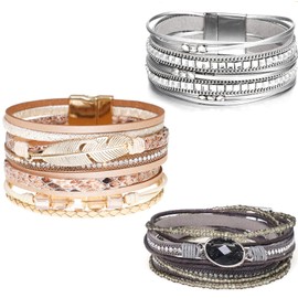 Rumnoke 3Pcs Leather Wrap Bracelet Set Multilayer Wrist Cuff Bracelets with Magnetic Clasp for Women Grey Crystal