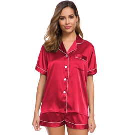 SWOMOG Womens Silk Satin Pajamas Set Two-Piece Pj Sets Sleepwear Loungewear Button-Down Pj Sets Bright Red