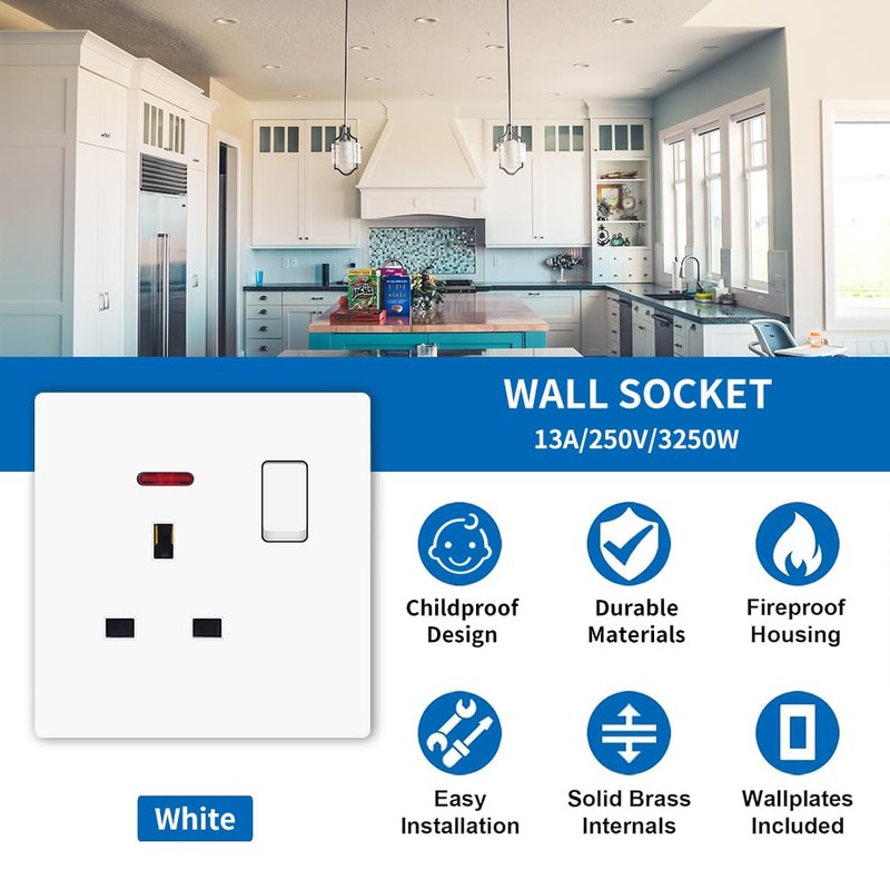 Plug Sockets Single Switched, EINNO Wall Electrical Outlets with Power