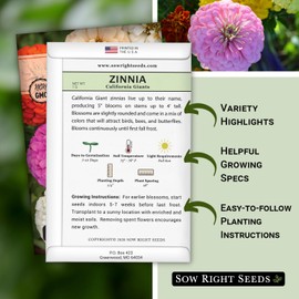 Sow Right Seeds - California Giants Mix Zinnia Seeds for Planting - Non-GMO Heirloom Packet to Grow Your Flower Garden - Attract Bees and Butterflies - Great to Cut and Come Again - Summer Annual (1)