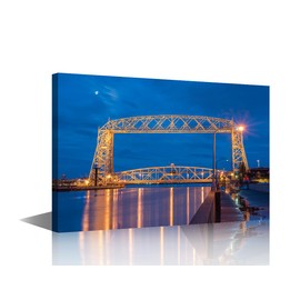 Aerial Lift Bridge in Duluth Picture Artwork Minnesota Harbor Scene Graphic Art Painting on Canvas Canal Park Wall Art for Wall 1 Panel House Decorations Stretched Framed Ready to Hang - 16"Wx24"H