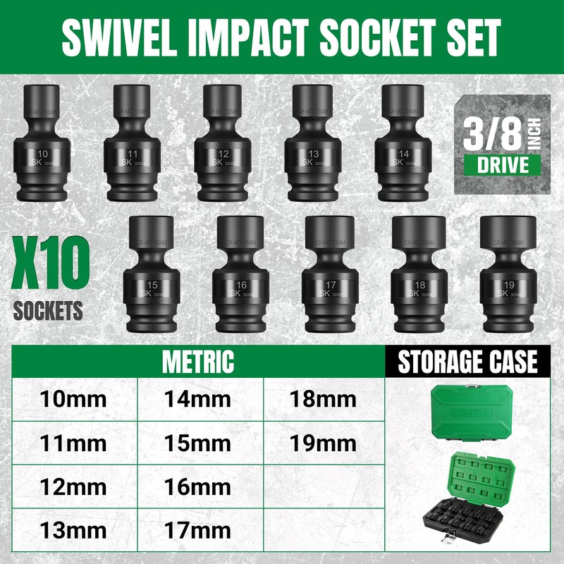 SK 3/8" Drive Universal Swivel Impact Socket Set, Metric Socket