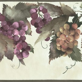 CONCORD WALLCOVERINGS ™ Wallpaper Border Fruit Pattern Pears Grapes Plums Leaves for Cottage Kitchen Dining Room, Beige Green Purple, 15 ft by 10.5 in ‎KT8353B