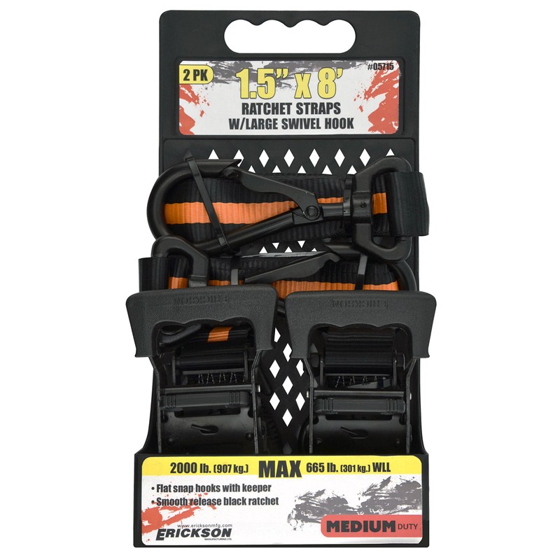 Erickson 05715 Big Hook Ratcheting Tie-Down Strap, 2 Pack (1.5"