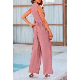 PRETTYGARDEN Womens Summer Jumpsuits Dressy Casual One Piece Outfits Sleeveless Mock Neck Wide Leg Pants Rompers with Pockets (Dusty Pink,Small)