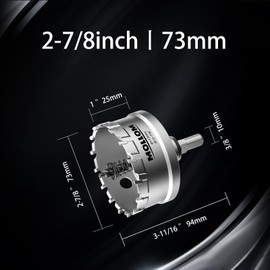 Mollom (73mm | 2-7/8'') Heavy Duty Carbide Hole Saw with 2 Pilot Drill Bits, Hole Cutter cuts Stainless Steel, mild Steel, Iron, Copper, Brass, Plastic