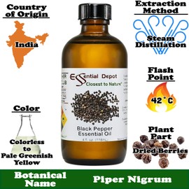 Black Pepper Essential Oil - 4 oz - GC/MS Tested - Supplied in 4 oz. Amber Glass Bottle with Black Phenolic Cone Lined and Safety Sealed Cap