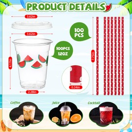 Blushtier 100 Set 12 oz Watermelon Disposable Plastic Cups with Lids and Straws Transparent Orange Watermelon Party Cups for Juice Water Coffee Tea Birthday Summer Fruit Party Supplies