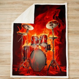 Feelyou Drum Kit Fuzzy Burning Drum Set Fleece Rock Music Themed Sherpa Blanket Throw Blanket for Sofa Couch Bedroom Decor Hip Pop Musical Pattern Plush Twin 60"x80"