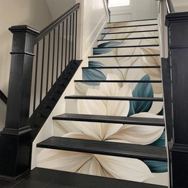 REDAMANCY Large White Pale Green Peony Floral Flowers Modern Peel and Stick Vinyl Stair Riser Decals Staircase Tile Stickers Decor Modern Marble Decoration Self-Adhesive(14 Pcs)