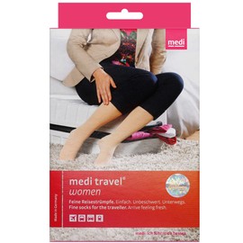 medi Travel Women Kompressionsstrümpfe Kniestrümpfe | Amtungsaktive Reisestrümpfe mit weichem Abschlussrand | KKL1 | Größe L | Caramel | Geschl. Spitze | Kurz