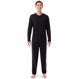 Fruit of the Loom Men's 360 Stretch Long Sleeve Henley Top and Pant Sleep Pajama Set, Black