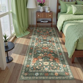 Deerly Green Floral Runner Rug 3x8 for Hallway Vintage Boho Washable Bathroom Kitchen Bedroom Runner Rugs Non-Slip Soft Low Pile Thin Indoor Carpet for Laundry Room Farmhouse Flower, Green/Multi