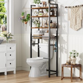 Ekisemio Over The Toilet Storage Rack, 4 Tier Over Toilet Shelf with Adjustable Feet, Freestanding Bathroom Organizer with Wooden Shelves, Hooks, Paper Holder, Vintage Brown
