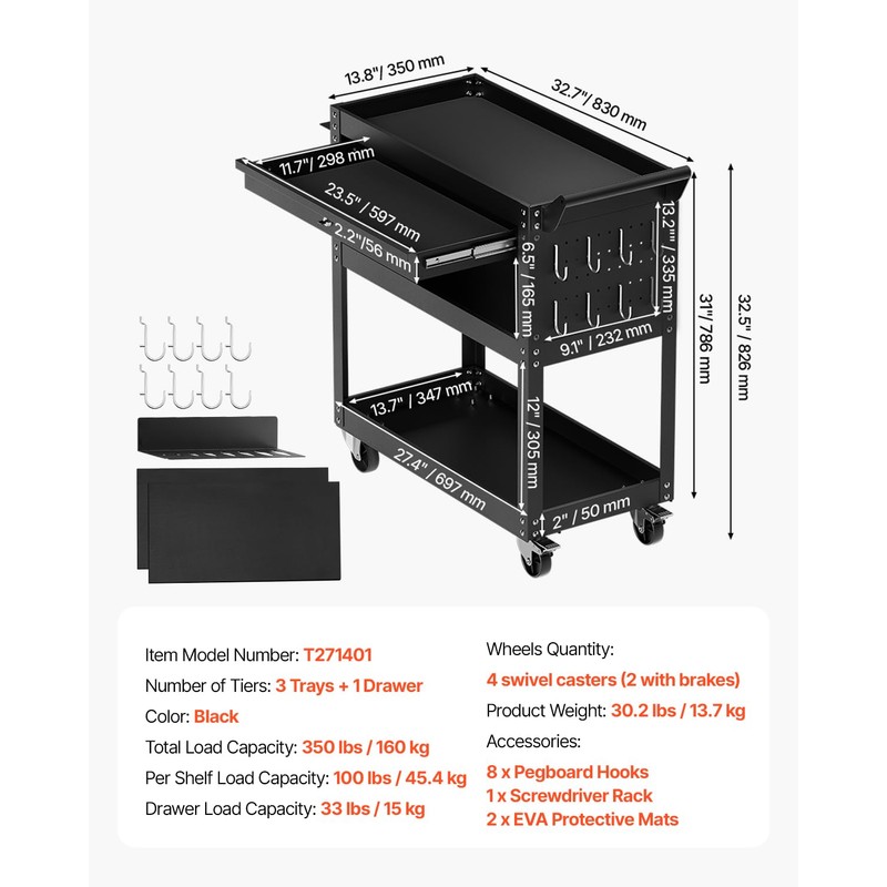 VEVOR 4-Tier Tool Cart with Wheels, 350 lbs Load Capacity,