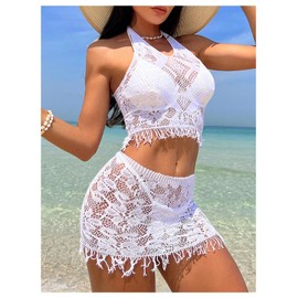 SHENHE Women's Sexy Fishnet Beach Cover Up 2 Piece Sheer Halter Top Tassel Skirt Coverups Set White One-Size