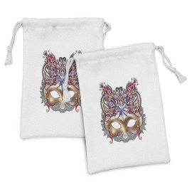 Ambesonne Mardi Gras Fabric Pouch Set of 2, Venetian Carnival Silhouette with Ornamental Elements Masquerade Costume, Small Drawstring Bag for Toiletries Masks and Favors, 9" x 6", Multicolor