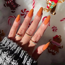 Press on nails almond Fake nails Solid color orange acrylic nails Tip nails press ons artificial nails press on nails for women 24Pcs