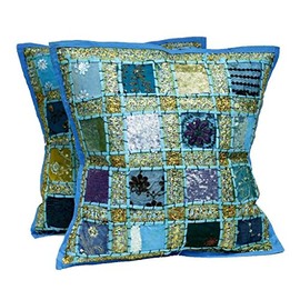 PUSHPACRAFTS Indian Vintage Cotton Square Cushion Cover Set of 2 Turquoise Light Blue 16" x 16"