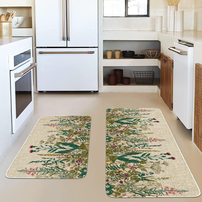 Eikunn Farmhouse Kitchen Rugs Set of 2, Weeds Floral Wildflower
