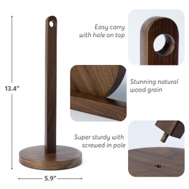 Kihomi Wooden Paper Towel Holder - Walnut Suction Cup Hand Paper Roll Dispenser for Kitchen, Bathroom Countertop, Laundry Simple Decorative Dishcloth Rack Stand Scrunchie Display Storage (Walnut)