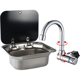 E EZEXPREZE RV Sink Stainless Steel Kitchen Hand Wash Basin Sink with Folded Faucet Tempered Glass Lid Washbasin for Camper Trailer Caravan (sink with faucet U)