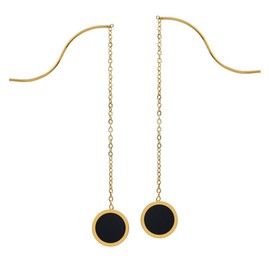 SueBue Created Black Onyx Inlay 18K Yellow Gold Plated Stainless Steel Round Circle Shape Geometric Minimalist Pull Through Chain Threader Earrings Jewelry for Women by Silvershake