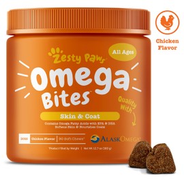 Zesty Paws Omega 3 Alaskan Fish Oil Chew Treats for Dogs - with AlaskOmega for EPA & DHA Fatty Acids - Itch Free Skin - Hip & Joint Support + Skin & Coat Chicken Flavor (90 Soft Chews)