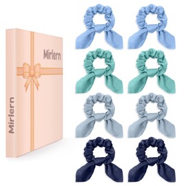 Mirlern 8-Piece Bows Satin Hair Scrunchies for Women and Girls, Bunny Ears Elastic Hair Ties No Damage Ribbon Ponytail Holders Hair Accessories(Blue Theme)