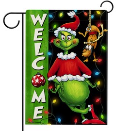Hzppyz Welcome Christmas Gr.in.ch Garden Flag Double Sided, Xmas Dog Lights Decorative Yard Outdoor Home Small Decor, Winter Holiday Farmhouse Burlap Outside House Decoration 12 x 18