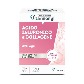 Acido Ialuronico e Collagene - Integratore anti-age - Per pelle più elastica, compatta e luminosa - Collagene Integratore - Con Vitamina A, Vitamina C, E - Confezione da 30 capsule - Vitarmonyl