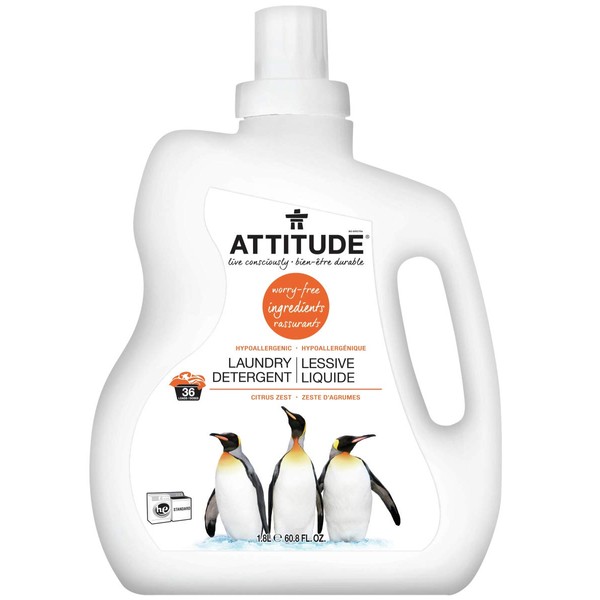 ATTITUDE Liquid Laundry Detergent, Plant- and Mineral-Based Ingredients Formula, HE, Vegan and Cruelty-free, Citrus Zest, 36 Loads, 60.8 Fl Oz,12072