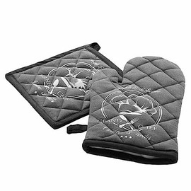 douceur d'intérieur, Grand Chef Oven Glove and Pot Holder (18 x 28 cm/20 x 20 cm) Cotton Printed