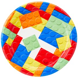 Multicolor Building Blocks Party Round Paper Dessert Plates (17cm) Pack of 8 - Perfect for Celebrations and Themed Events
