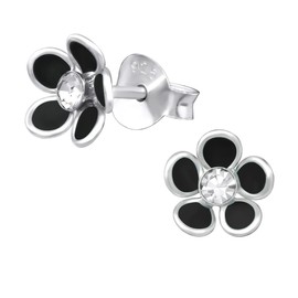 Black Daisy Flower Earrings With Clear Crystal Stones - 925 Sterling Silver