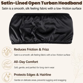 Satin Lined Open Turban Headband Anti-Friction Hair Head Wrap,Black