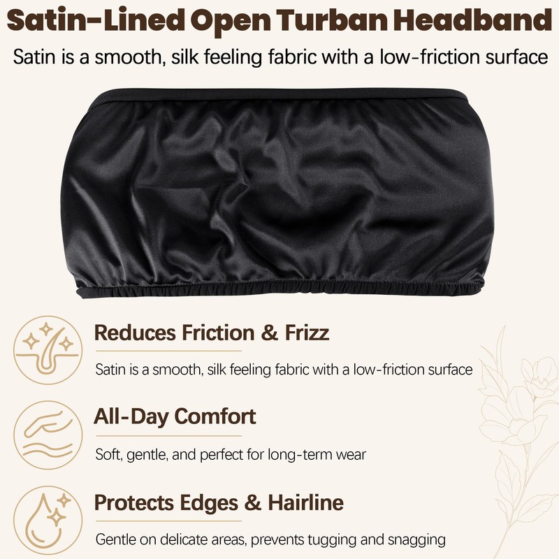 Satin Lined Open Turban Headband Anti-Friction Hair Head Wrap,Black